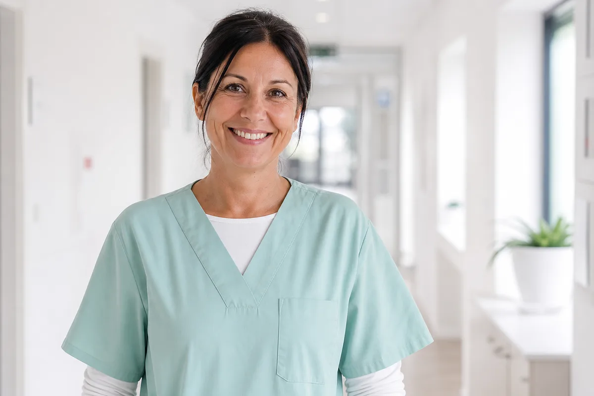 Pflegefachkraft in hellem Klinikflur